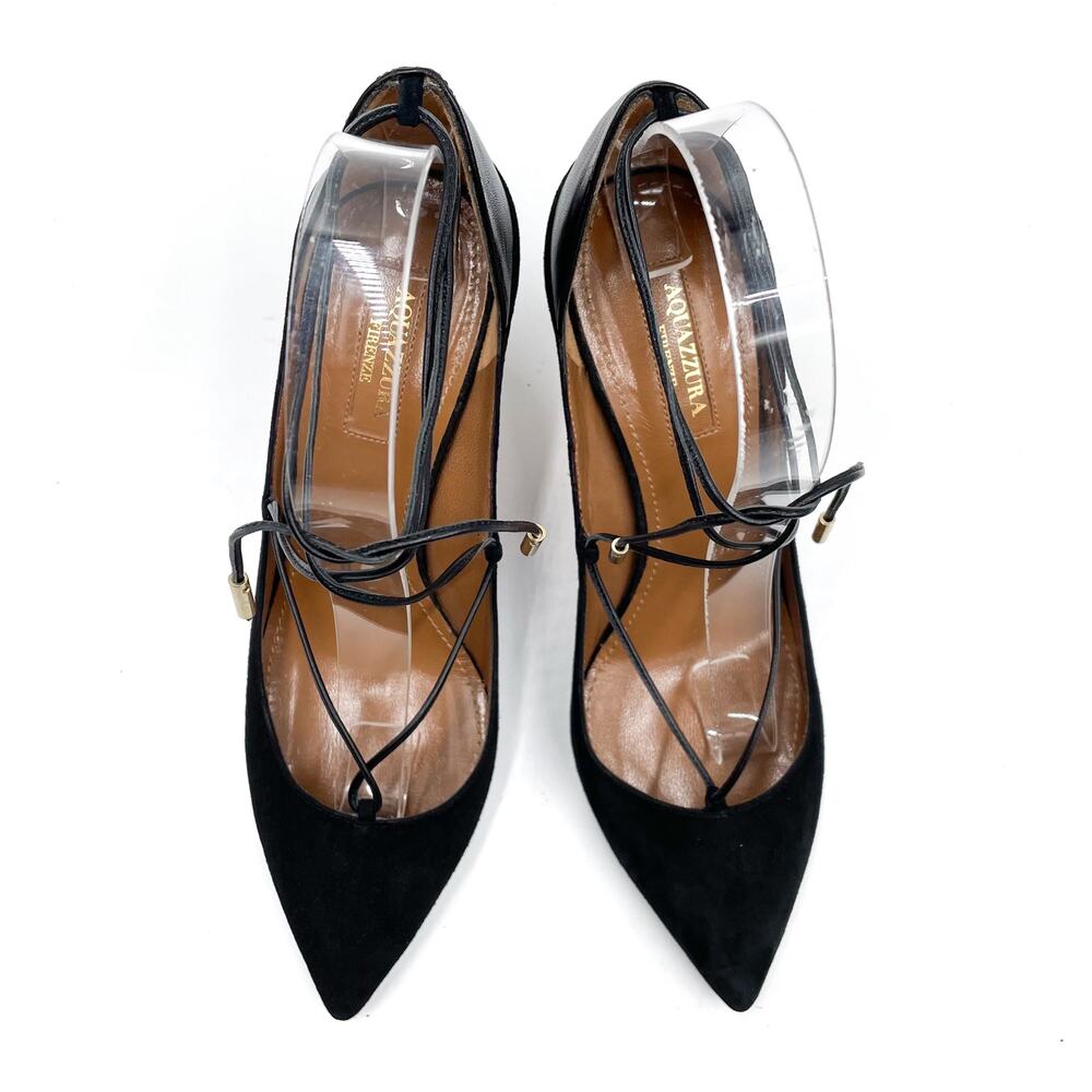 Aquazzura Fellini Pumps Black Suede Leather Trimmed Pointed Ankle Tie Sz 37 /‎ 7 - Picture 7 of 14